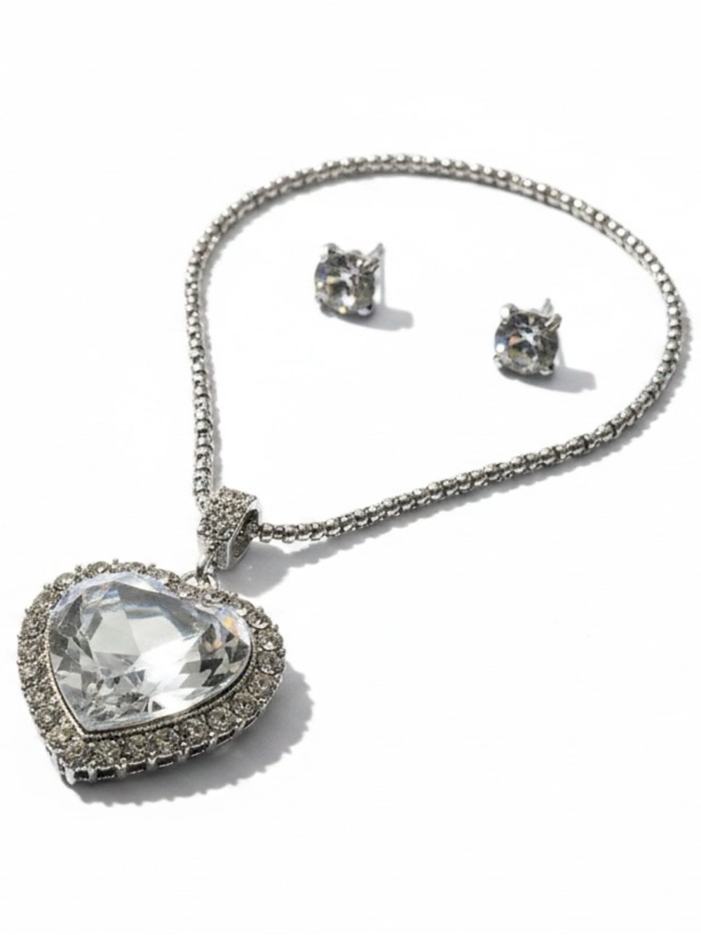 Crystal Heart Pendant Necklace and Stud Earrings - Silver